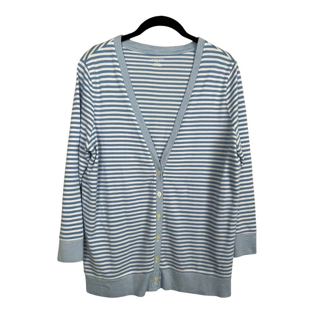 Lands End Cardigan Women's size M 10-12 Blue White V-neck Striped‎ Sweater